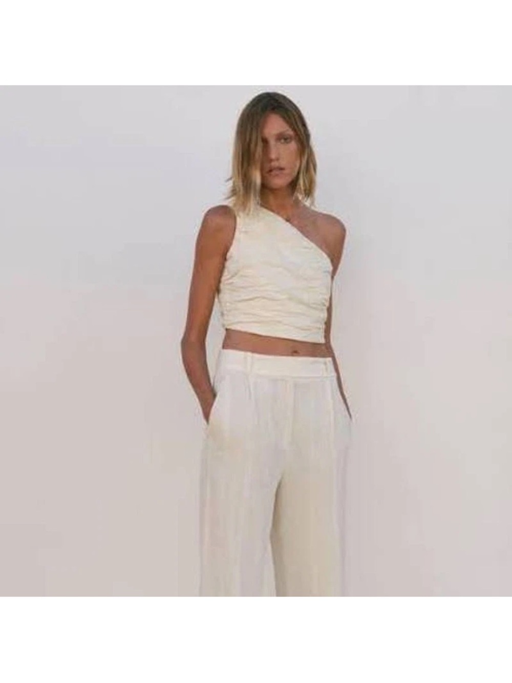 Zara Cream Asymmetric Draped One-Shoulder Crop Top